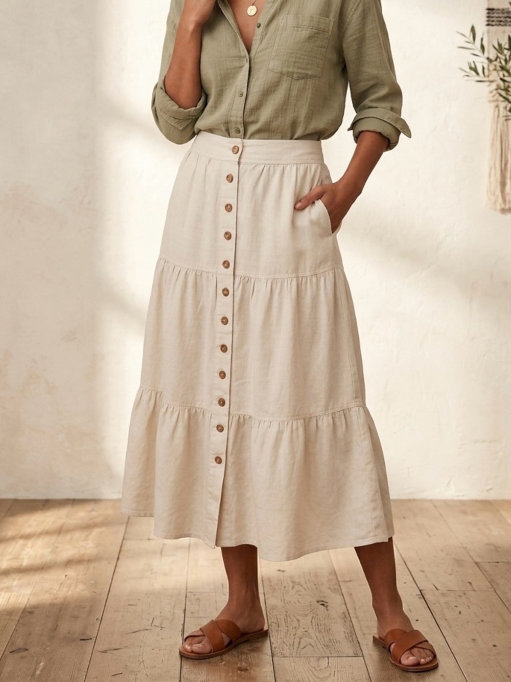 Banana Republic Cream Linen-Blend Button-Front Tiered Midi Skirt - Size S